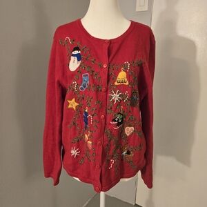 Dressbarn Women’s Large Red Christmas Cardigan Sweater Embroidered Snowman